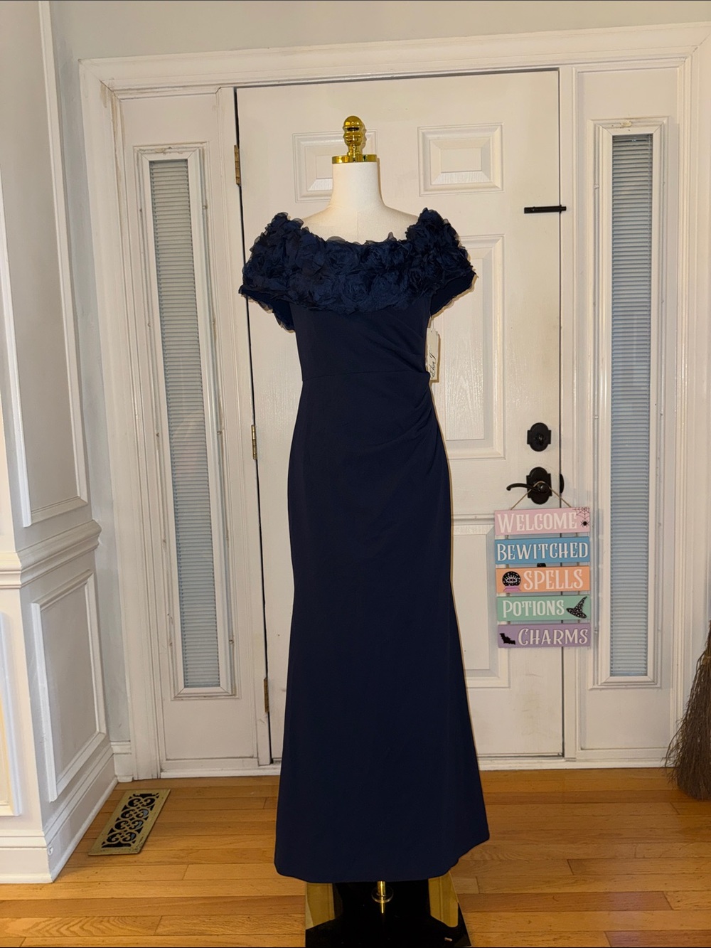 Eliza J Navy Off-Shoulder Maxi Dress with Floral Applique